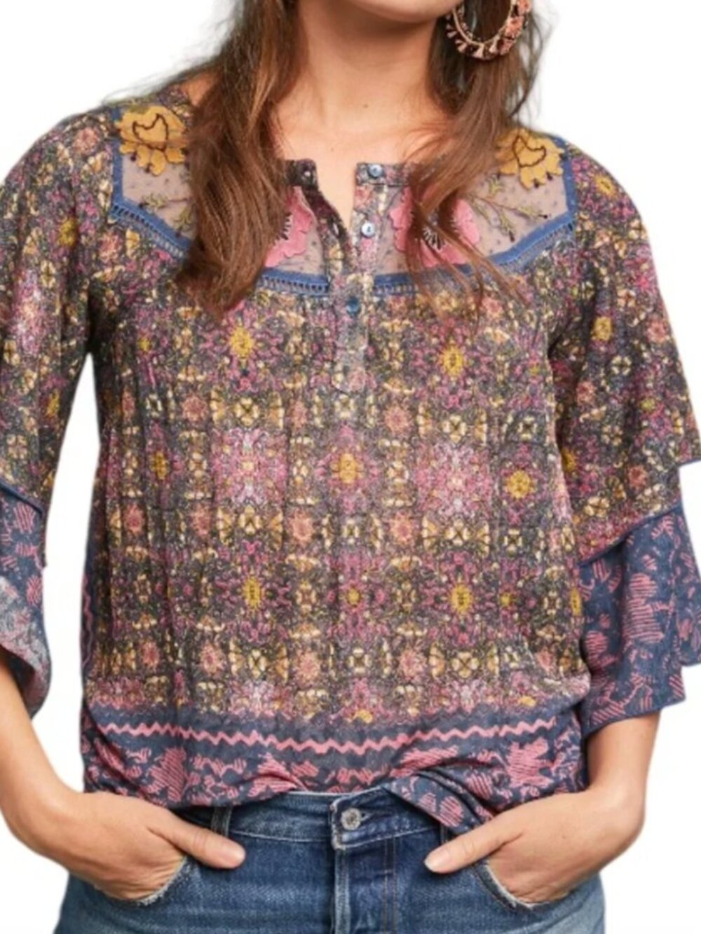 Anthropologie Postmark Ciutadella Embroidered Floral Boho Top S